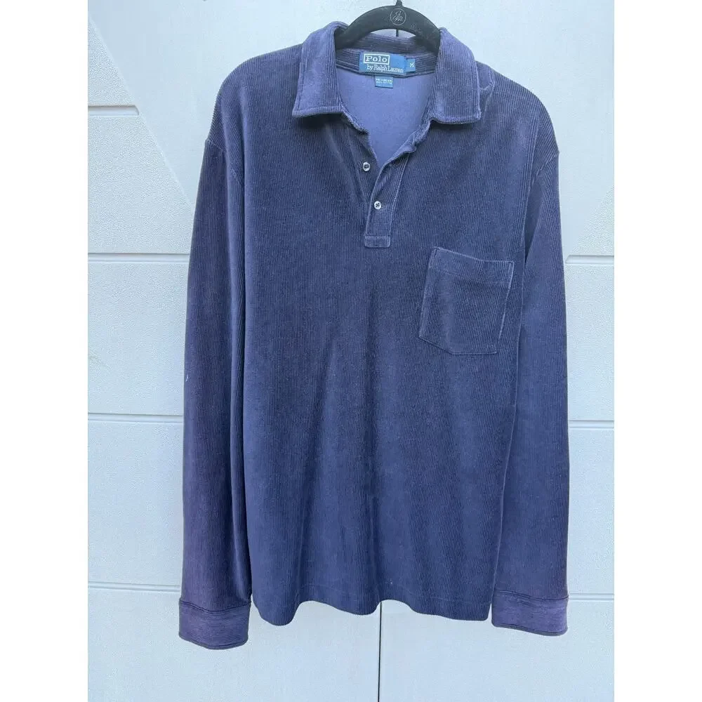 VTG Polo Ralph Lauren Men Blue Lightweight Corduroy Polo Shirt Long Slv M Preppy
